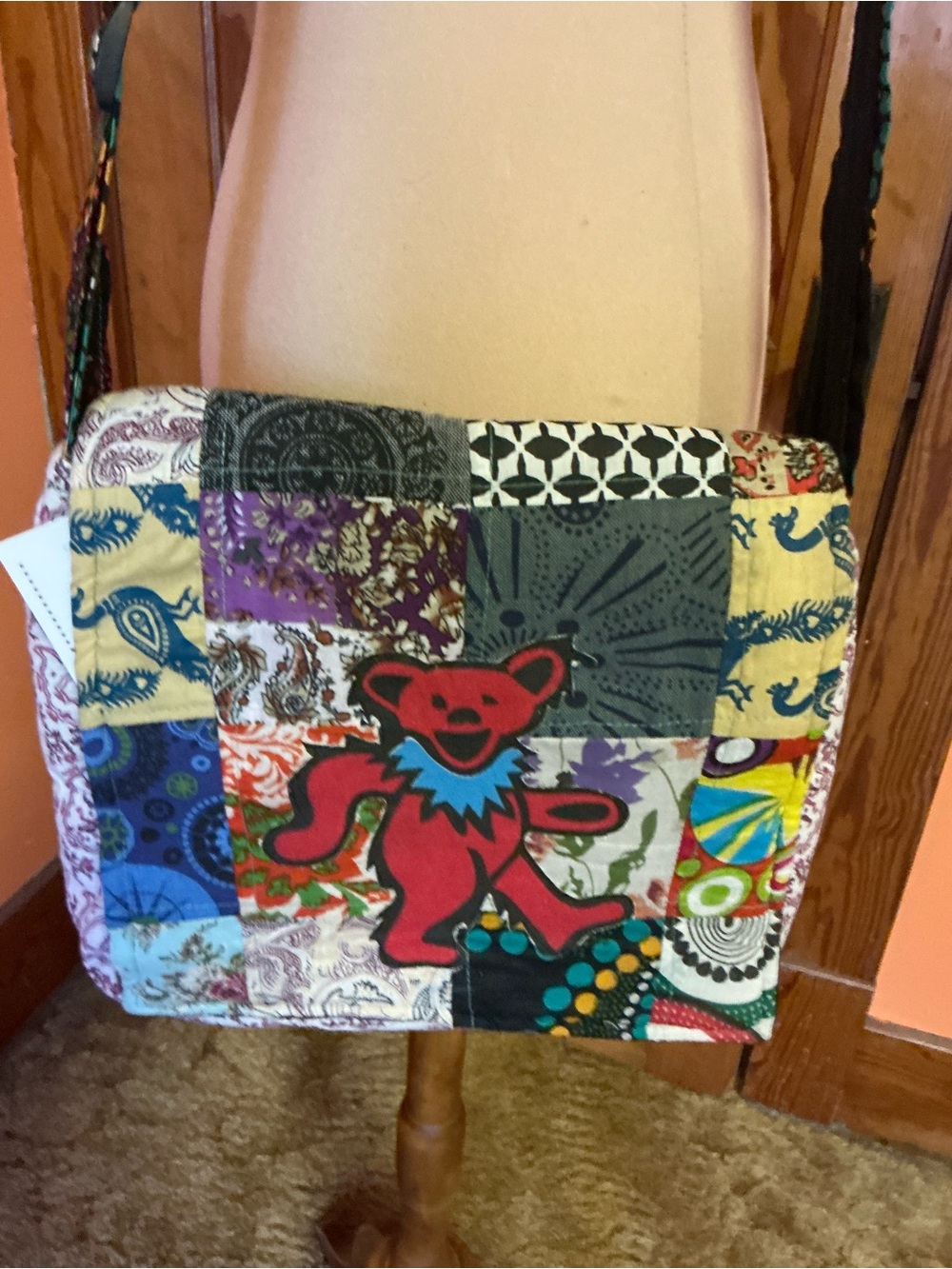 Grateful Dead Dancing Bear Patchwork Crossbody Bag Hippie Festival Boho Tote - Picture 7 of 12